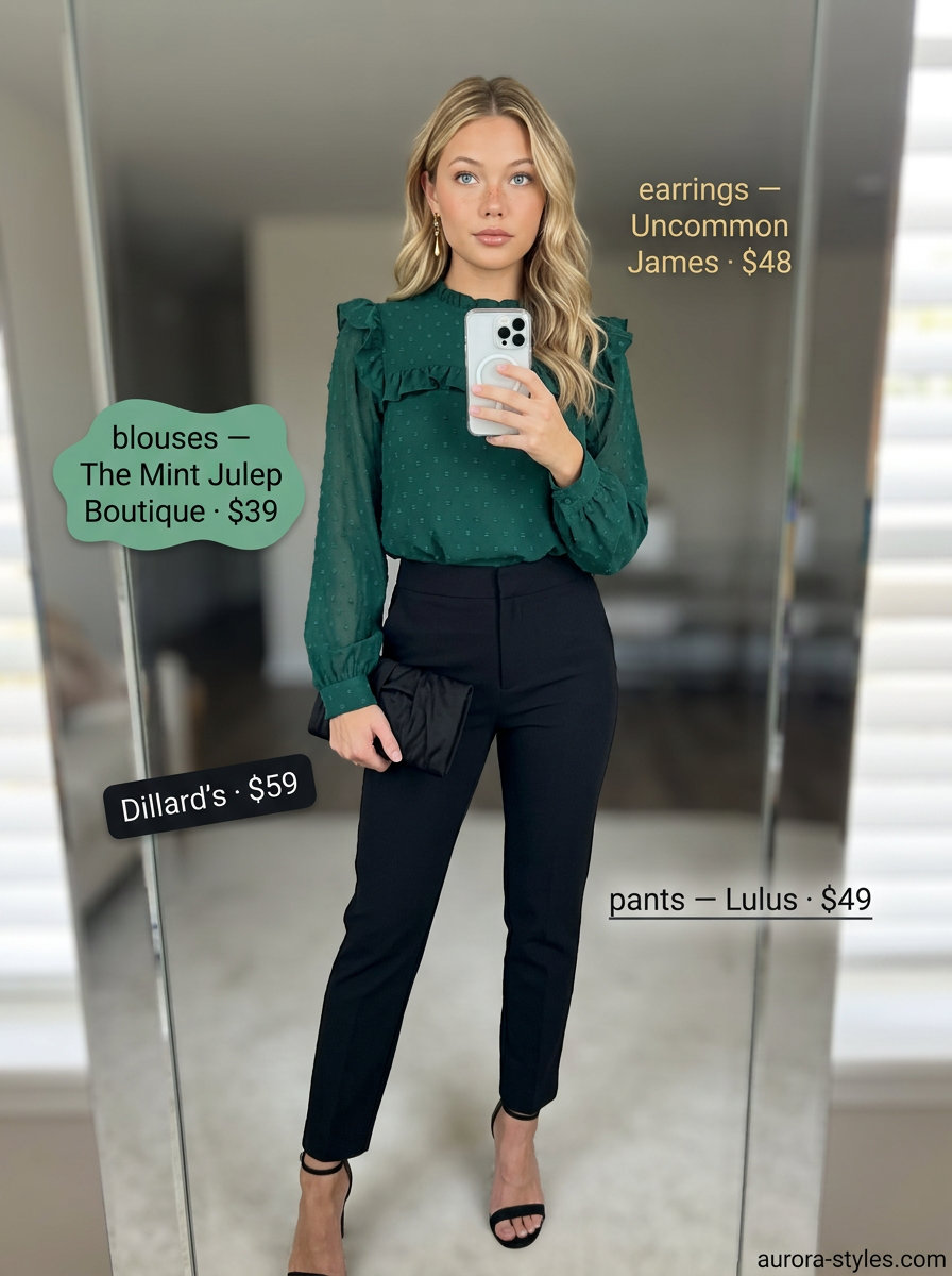 Emerald green off-the-shoulder ruffle blouse with black tailored trousers for a glamorous date night. Summer blouses for women 2026.