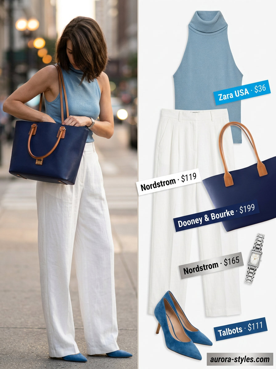 Sky Blue Office Chic: Sky blue shell blouse, white trousers, navy pumps, leather tote. Summer blouses for women 2026.