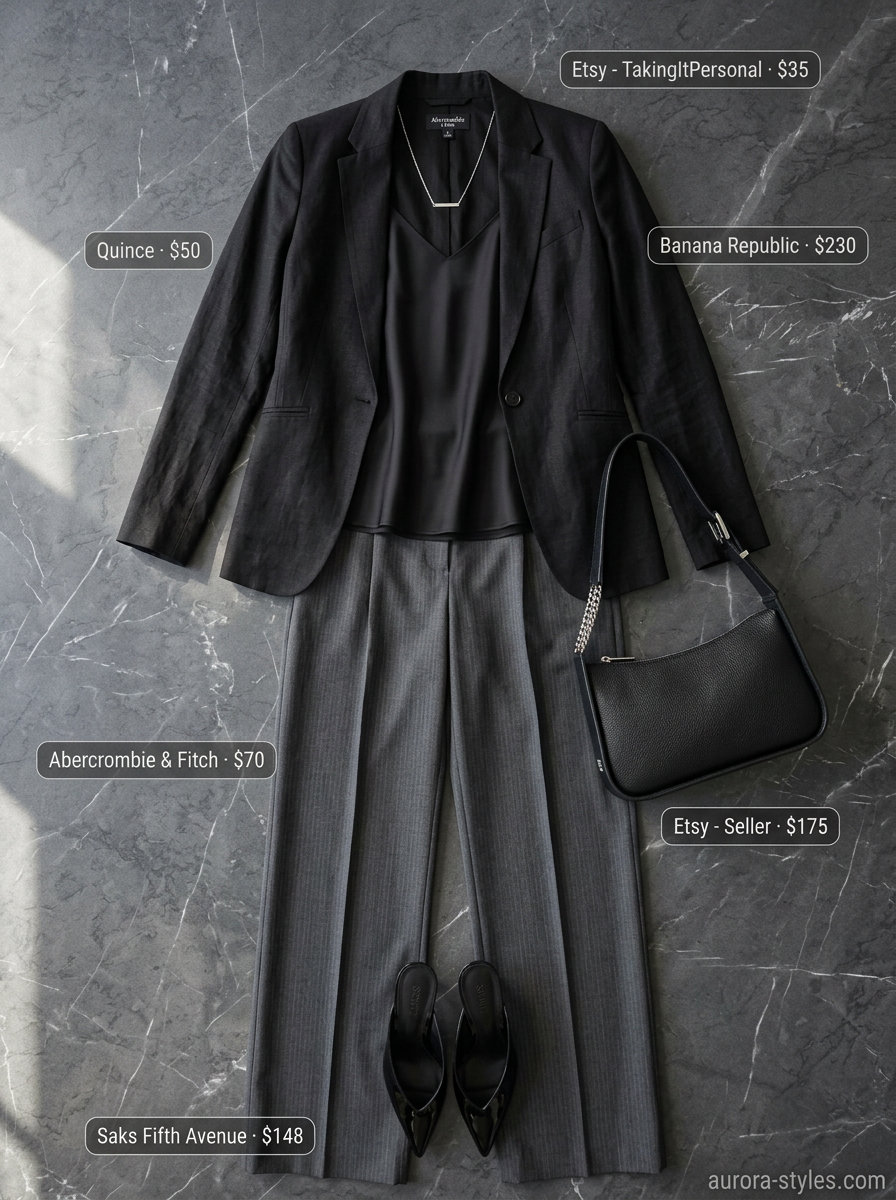 Black silk camisole blouse with charcoal grey wide-leg trousers for a sophisticated summer Friday. Summer blouses for women 2026.