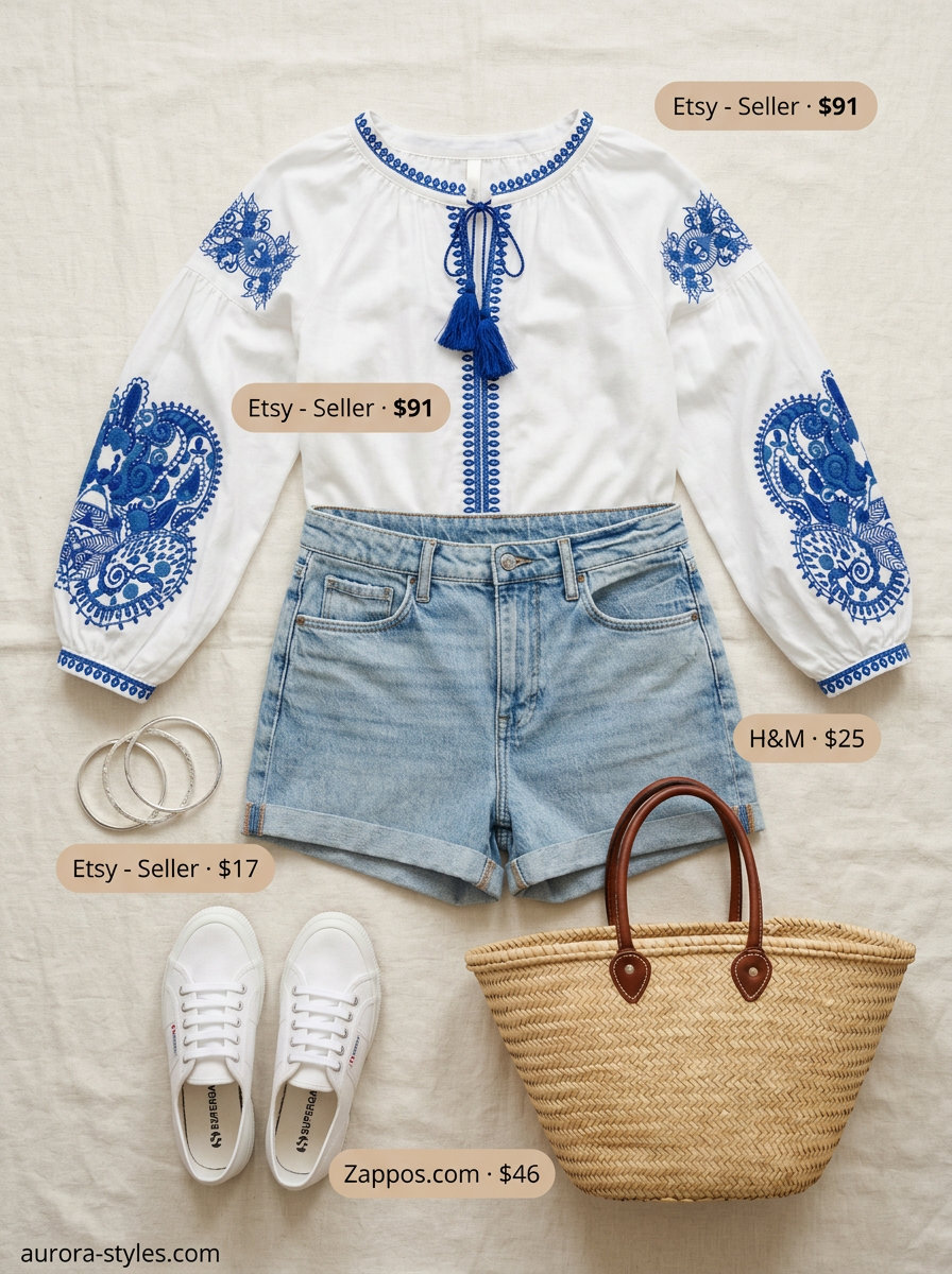 White embroidered blouse with denim shorts for a picnic in Provence style. Summer blouses for women 2026.