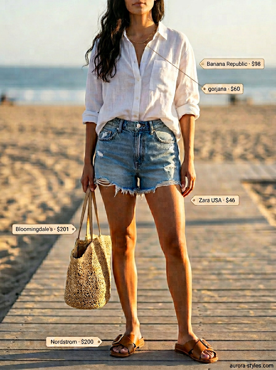 Seaside Linen Dream: White linen blouse, distressed denim shorts, straw tote, tan sandals. Summer blouses for women 2026.