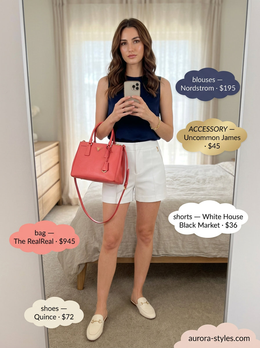 Navy sleeveless shell blouse with white tailored shorts for a refined yacht club lunch. Summer blouses for women 2026.