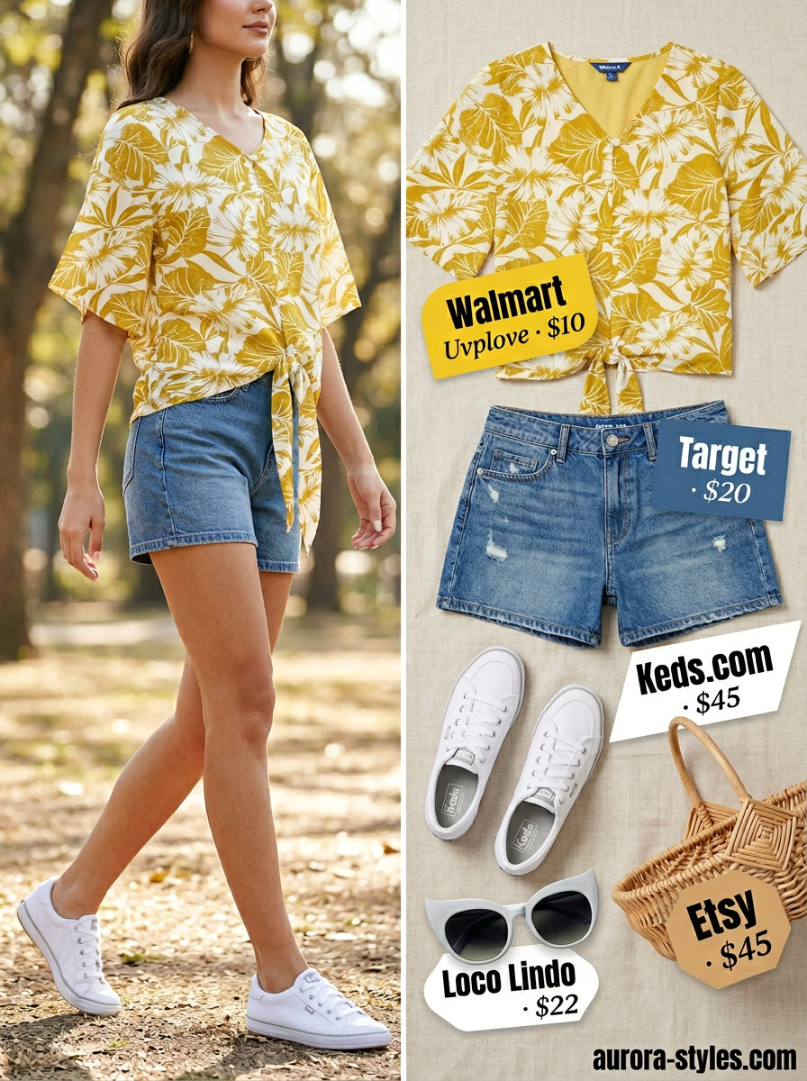Butter yellow floral tie-front blouse with denim shorts for a retro picnic look. Summer blouses for women 2026.