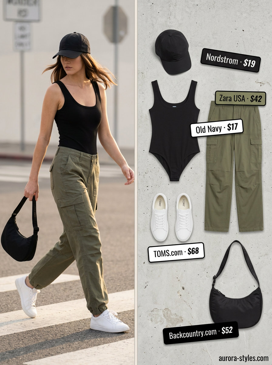 Summer Bodysuit Outfits 2026: Athleisure Elevated Summer bodysuit outfits for women 2026: Khaki cargo pants, black bodysuit for athleisure.
