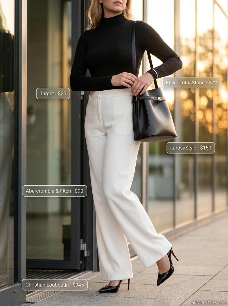 Summer Bodysuit Outfits 2026: City Chic Sophistication Summer bodysuit outfits for women 2026: White trousers, black bodysuit, silver bracelet for city chic.