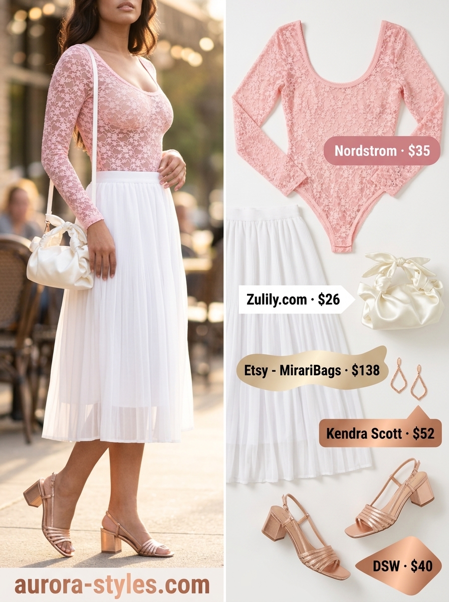 Summer Bodysuit Outfits 2026: Date Night Romance Summer bodysuit outfits for women 2026: Blush lace bodysuit, white chiffon skirt for date night.