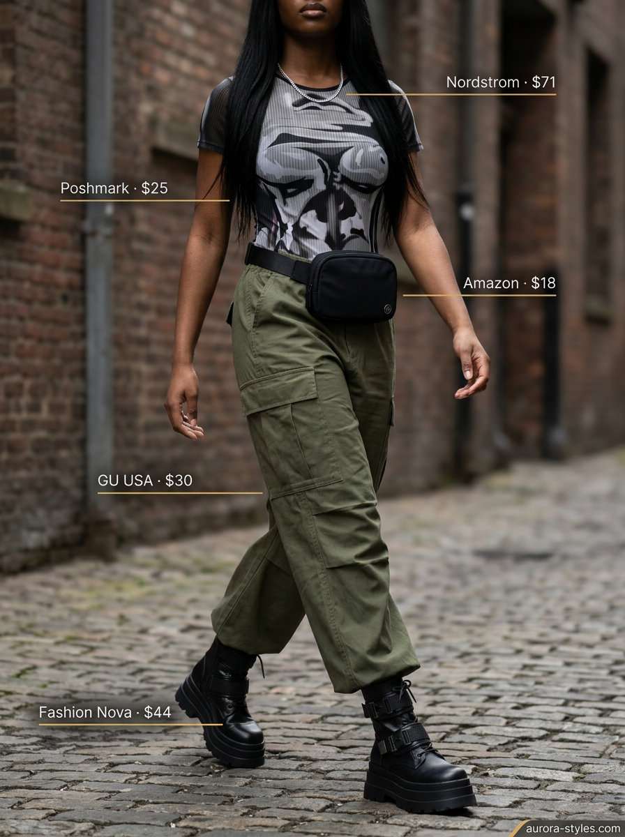 Summer Bodysuit Outfits 2026: Edgy Urban Style Summer bodysuit outfits for women 2026: Olive cargo pants, graphic bodysuit, combat boots for edgy style.