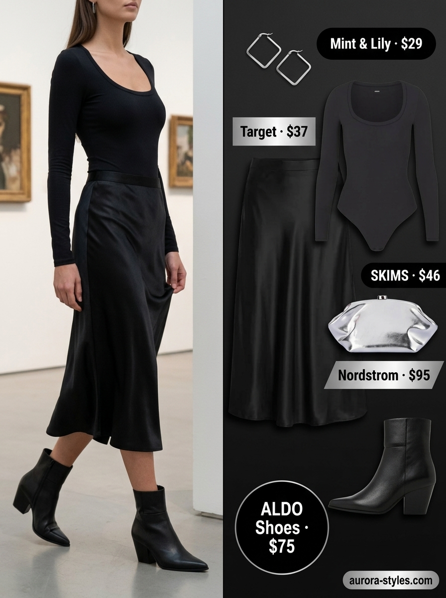 Summer Bodysuit Outfits 2026: Modern Minimalist Summer bodysuit outfits for women 2026: Black satin skirt, bodysuit, silver earrings for minimalist chic.