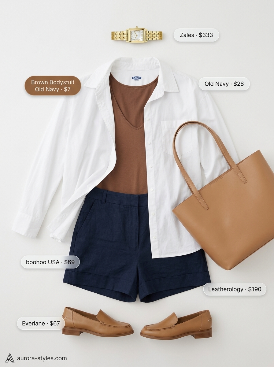 Summer Bodysuit Outfits 2026: Office Chic Summer bodysuit outfits for women 2026: White shirt, navy shorts, tan loafers for office chic.