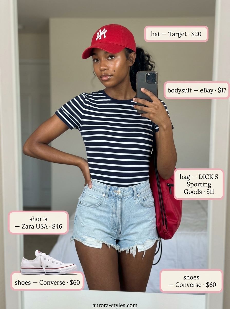 Summer Bodysuit Outfits 2026: Retro Sporty Fun Summer bodysuit outfits for women 2026: Striped bodysuit, denim shorts, red cap for retro sporty.