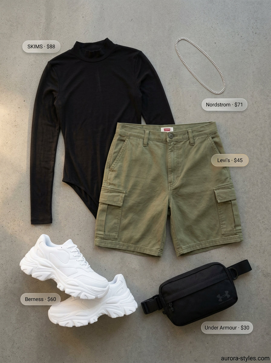 Summer Bodysuit Outfits 2026: Urban Explorer Summer bodysuit outfits for women 2026: Black bodysuit, olive cargo shorts for urban style.
