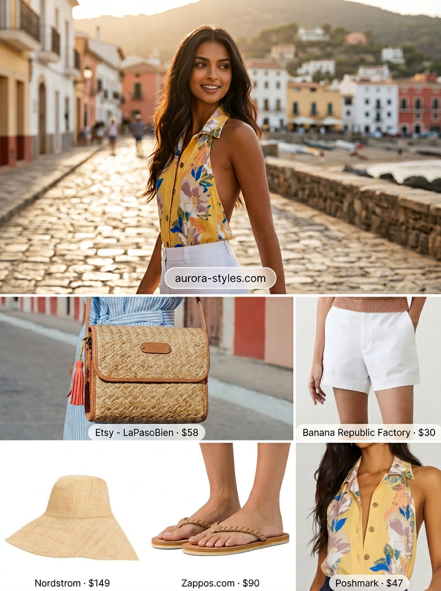 Abstract Print Bodysuit Outfits for Women 2026 Playful summer bodysuit outfits for women 2026: Abstract print halter bodysuit, white linen shorts, straw hat, and braided sandals.