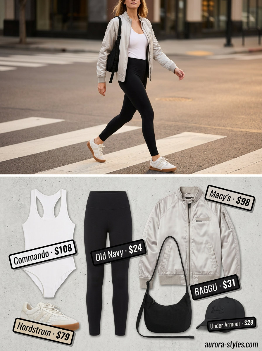 Sporty Chic Bodysuit Outfits for Women 2026 Sporty summer bodysuit outfits for women 2026: White athletic bodysuit, black leggings, bomber jacket, and fashion sneakers.