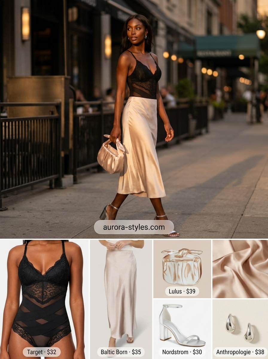 Elegant Summer Bodysuit Outfits For Women 2026 Black lace bodysuit with champagne satin midi skirt, silver heels for elegant summer bodysuit outfits for women 2026.