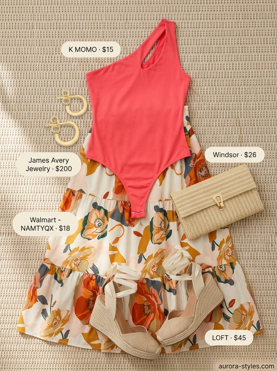 Vibrant Summer Bodysuit Outfits For Women 2026 Coral one-shoulder bodysuit with floral maxi skirt, espadrilles & straw clutch for summer party outfits for women 2026.
