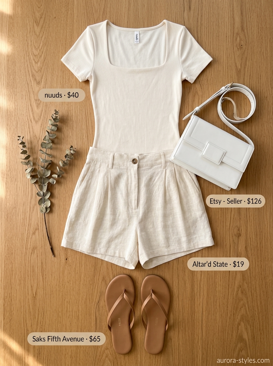 Chic Summer Bodysuit Outfits For Women 2026 Cream linen bodysuit with tailored shorts, leather sandals & crossbody bag for minimalist summer outfits for women 2026.