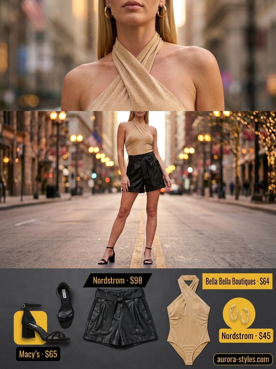 Gold Halter Bodysuit Outfits for Women 2026 Glamorous summer bodysuit outfits for women 2026: Gold halter bodysuit, faux leather shorts, heeled sandals, and chain bag.