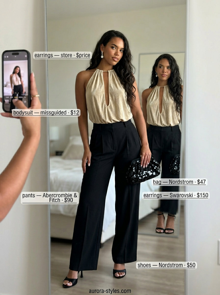 Glam Night Out Bodysuit Outfits 2026 Glamorous summer bodysuit outfits for women 2026: Gold metallic bodysuit, black trousers, and strappy heels for a night out.