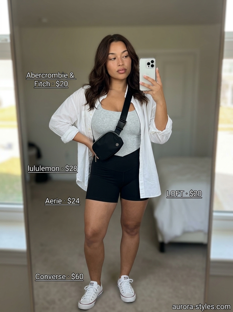 Sporty Summer Bodysuit Outfits For Women 2026 Grey bodysuit with bike shorts, oversized shirt & sneakers for sporty summer outfits for women 2026.