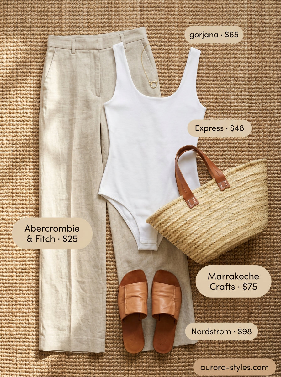 Linen Pants Bodysuit Outfits for Women 2026 Effortless summer bodysuit outfits for women 2026: Ribbed bodysuit, linen pants, flat sandals, and straw tote bag.