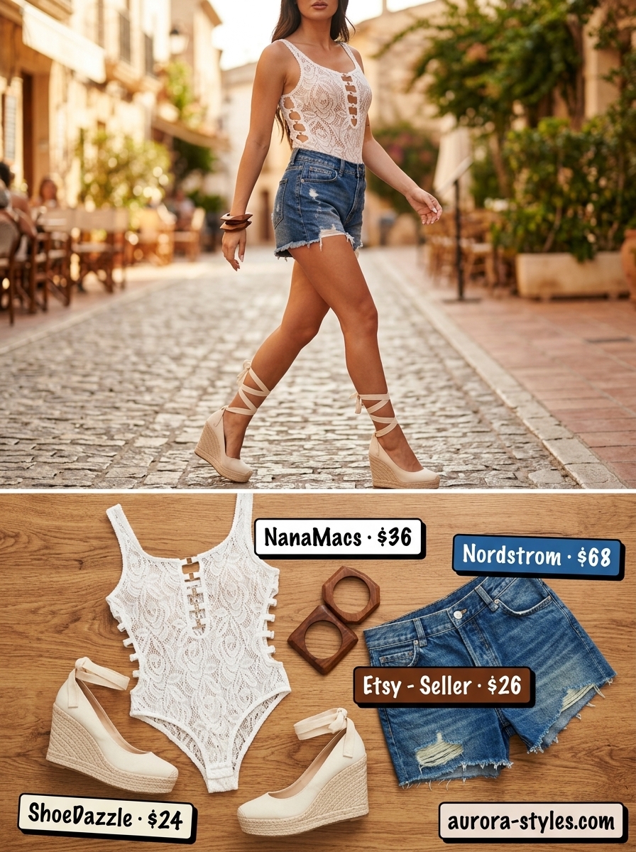Vacation Bodysuit Outfits for Women 2026 Vacation Ready summer bodysuit outfits for women 2026: White crochet bodysuit, denim shorts, espadrilles, and straw tote.
