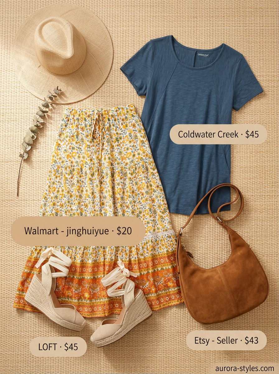 Boho summer clothes for women 2026: Floral maxi skirt, white tank top, espadrilles, and straw hat.