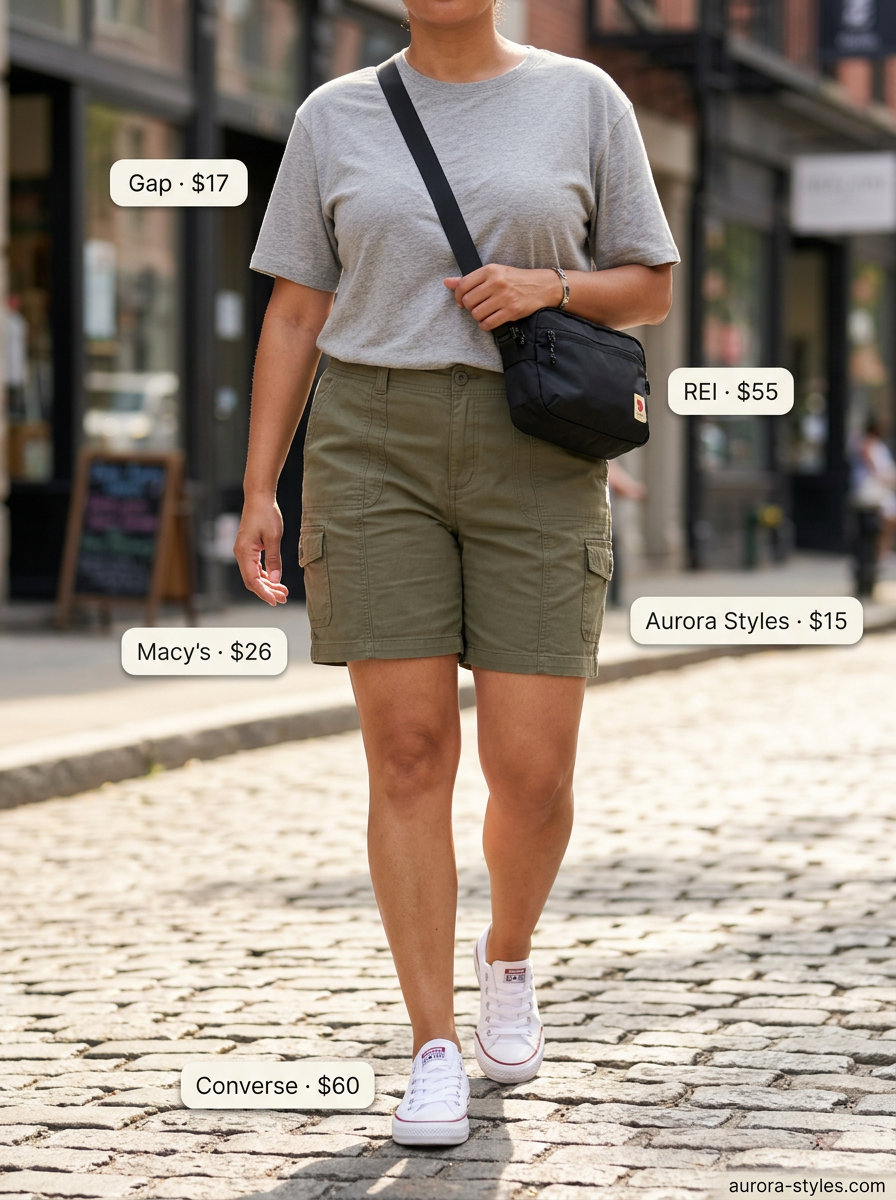 Olive green cargo shorts with grey t-shirt and sneakers for summer clothes for women 2026 casual.