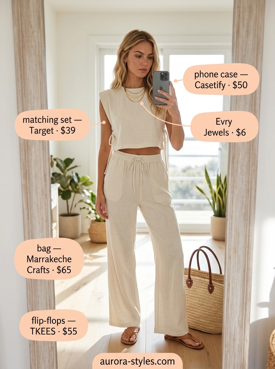 Chic summer clothes for women 2026: Linen set with wide-leg pants and tank, straw tote, and leather sandals.