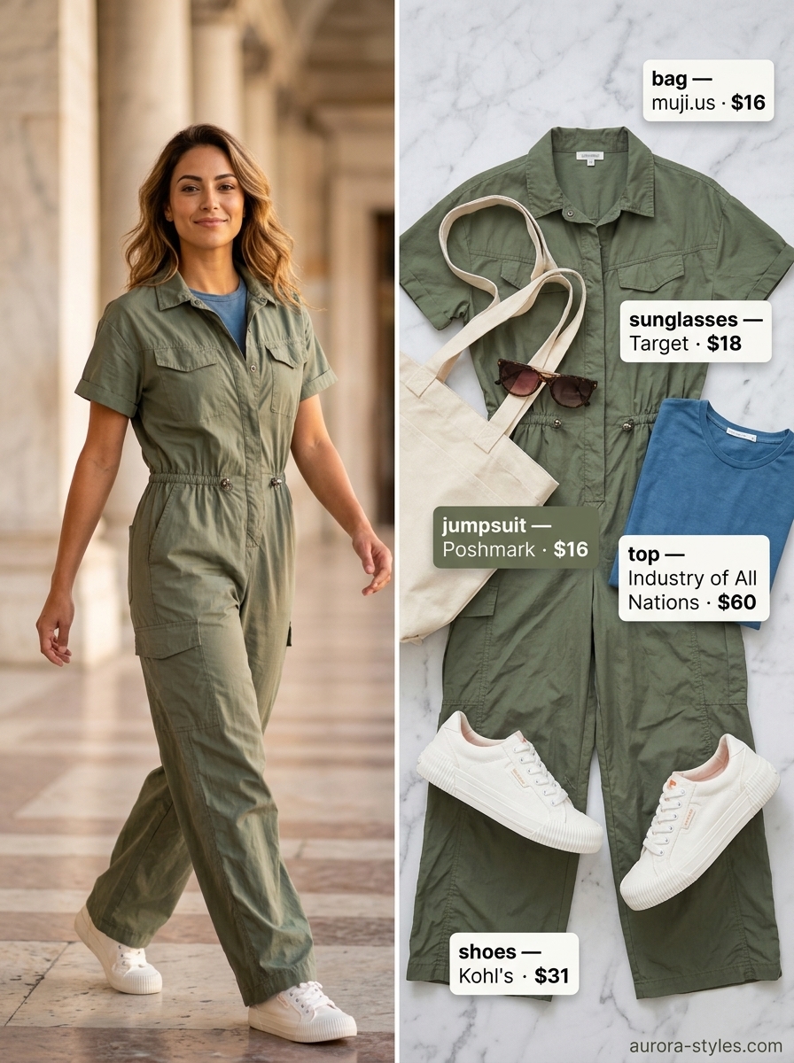 Olive green linen jumpsuit with white sneakers and sunglasses for summer clothes for women 2026 casual day.