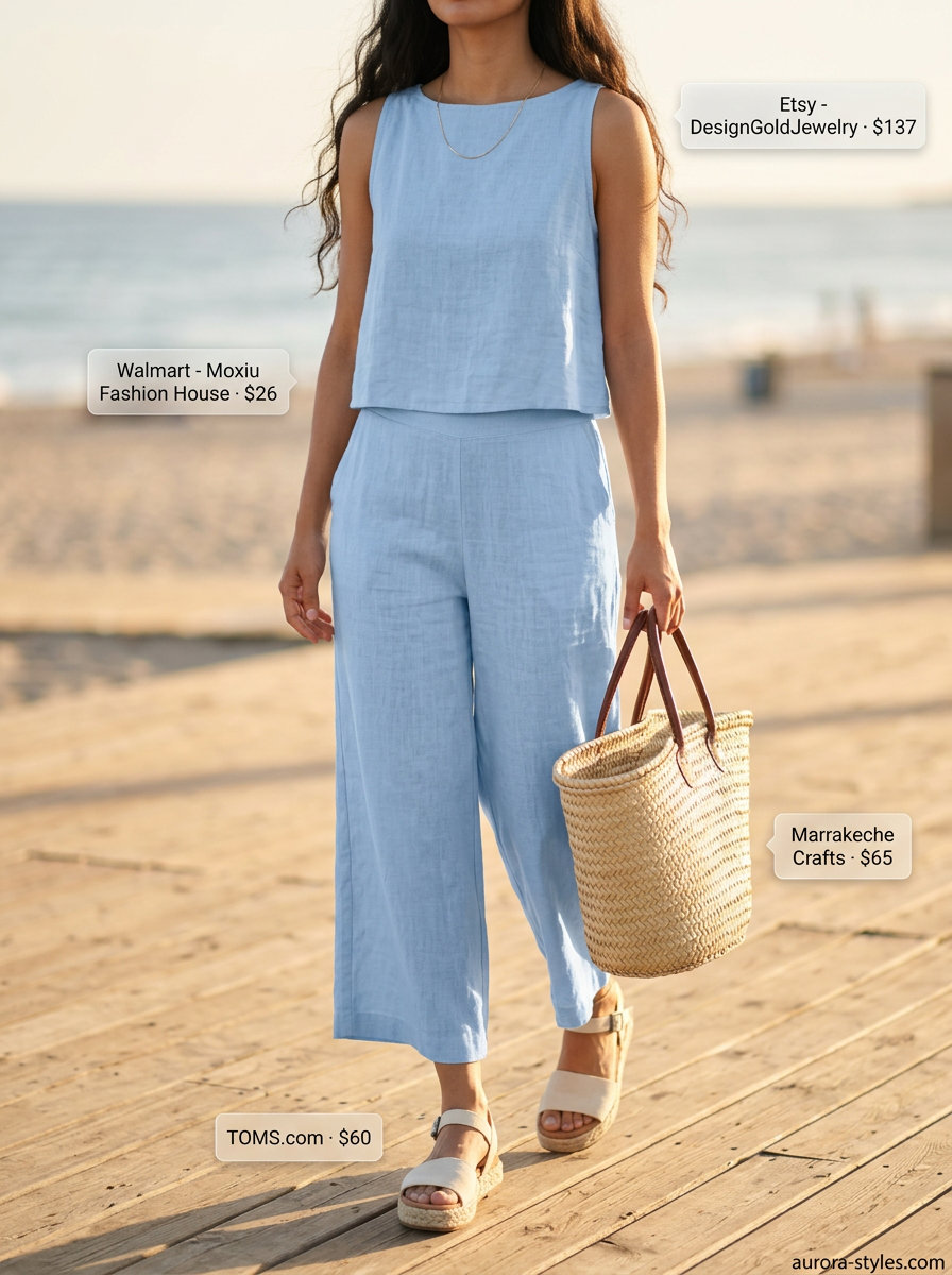 Relaxed pastel blue linen set with espadrilles for summer clothes for women 2026 beach day.