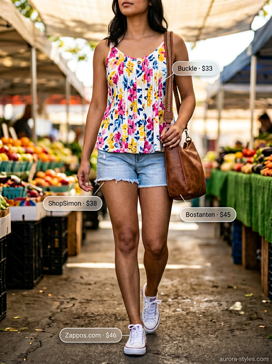 Casual denim shorts and floral blouse for summer clothes for women 2026 market day.