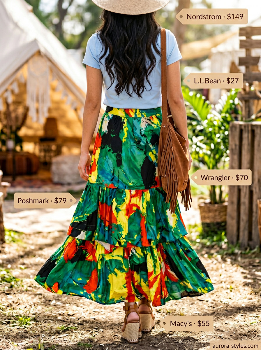 Bohemian multicolor maxi skirt with ribbed tank and straw hat for summer clothes for women 2026.