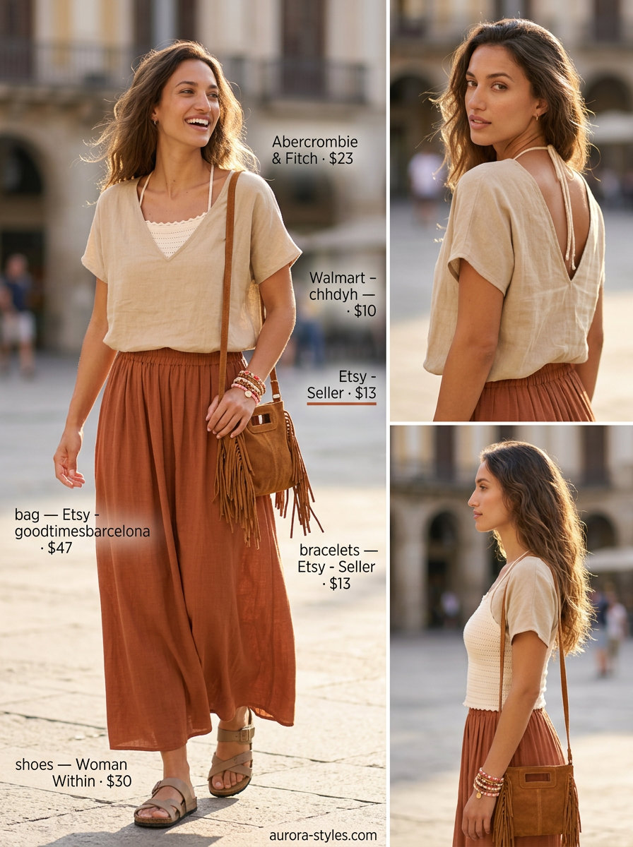 Paisley maxi skirt with crochet top and leather sandals for summer clothes for women 2026 festival.