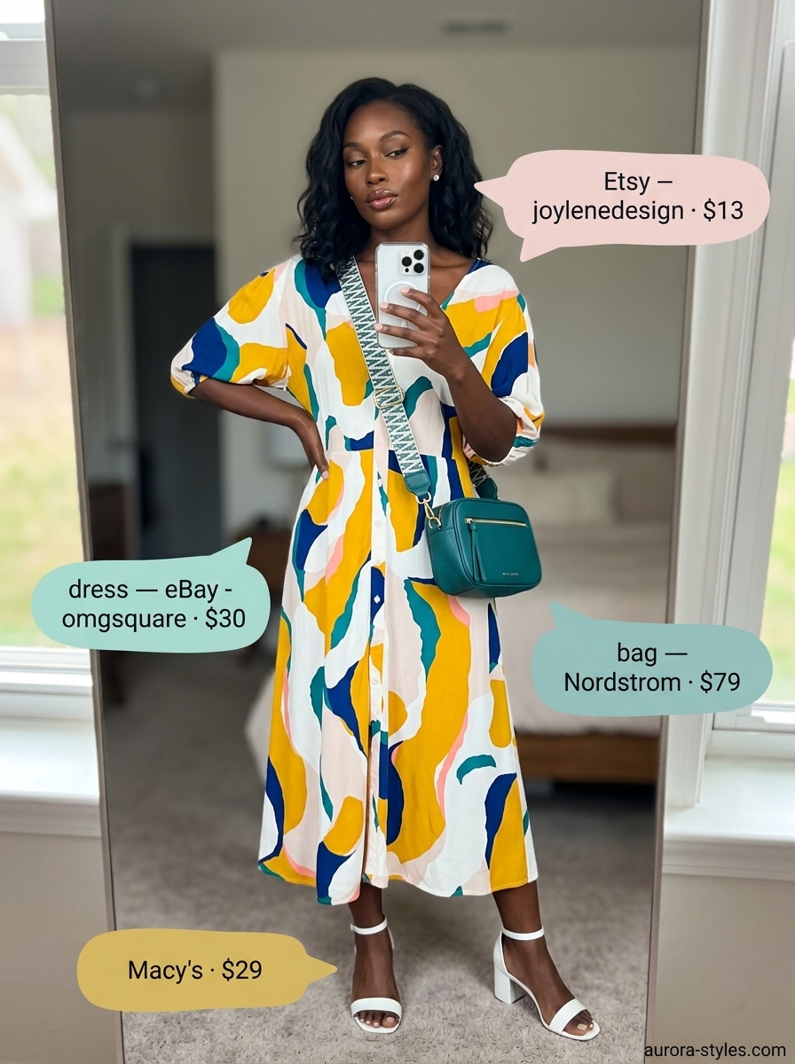 Abstract print midi dress with block heels and silver earrings for summer clothes for women 2026 art gallery.
