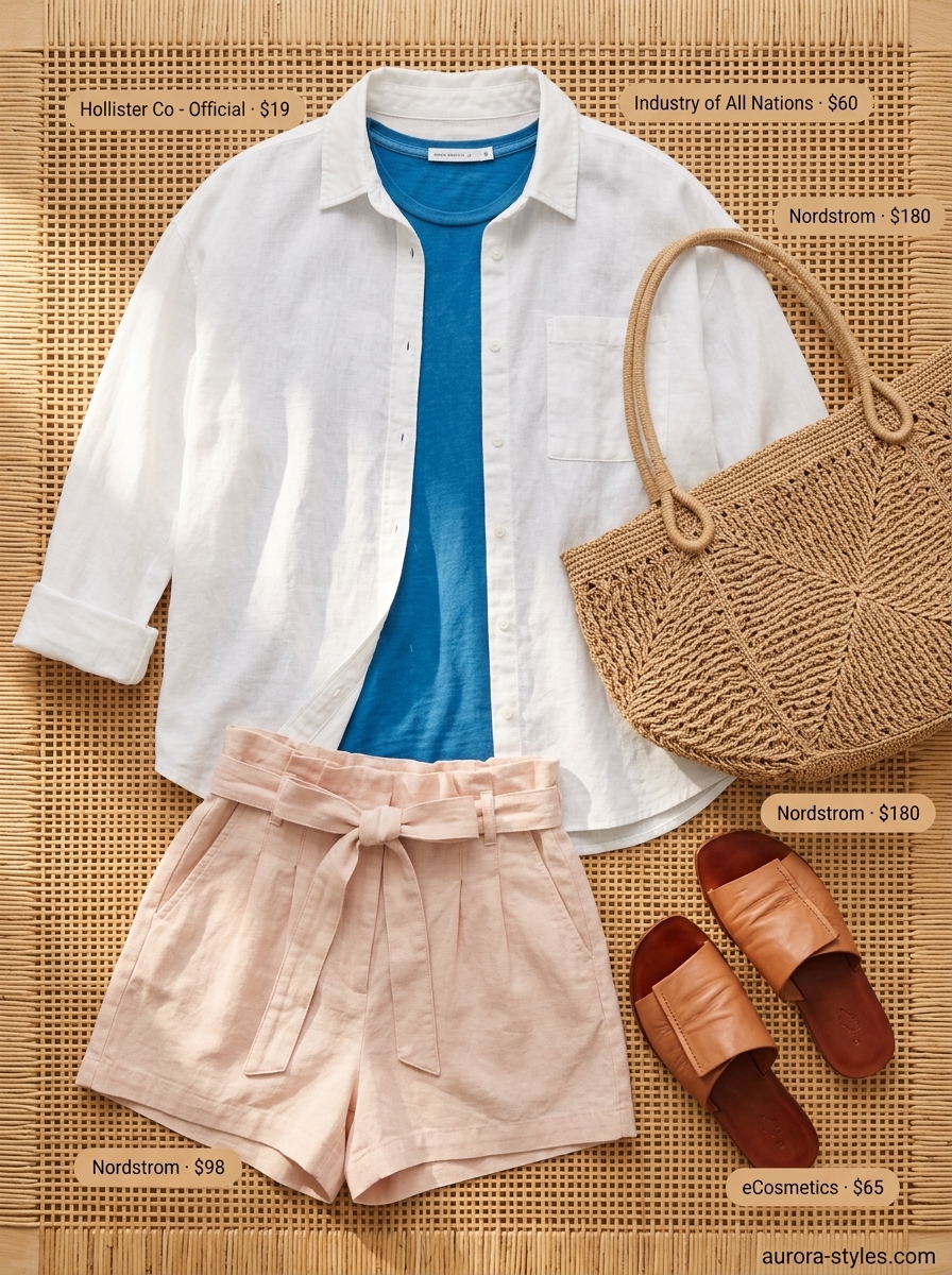 Airy summer clothes for women 2026: Blush pink linen shorts, white linen shirt, cream tank, and straw tote.