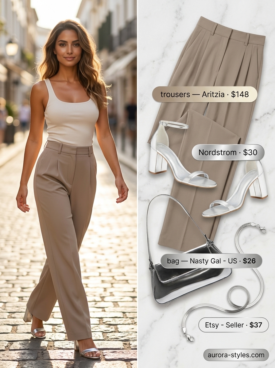 Elegant summer clothes for women 2026: Blush pink slip dress, silver sandals, and shoulder bag.
