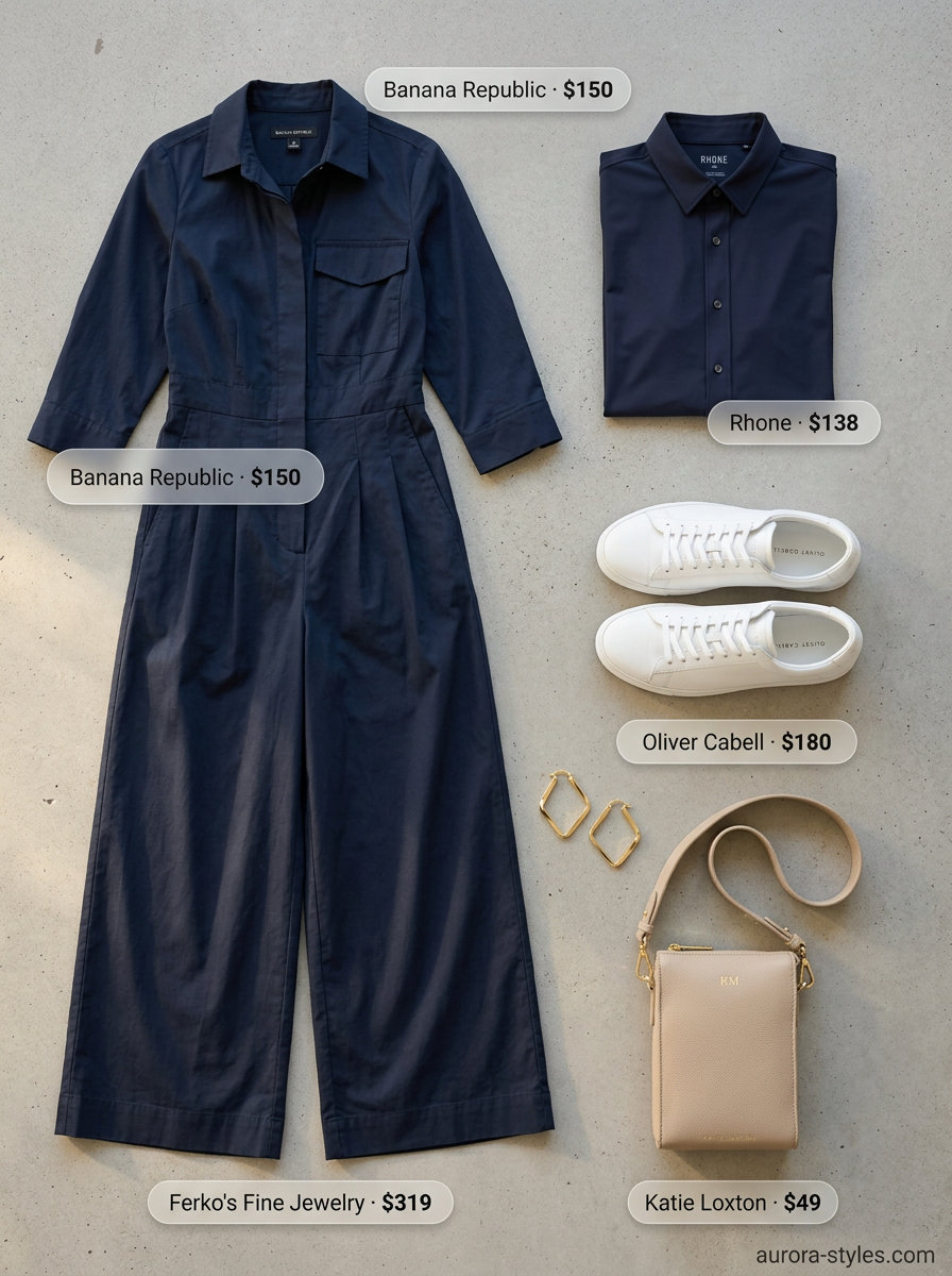 Navy wide-leg utility jumpsuit with white sneakers and crossbody bag for summer clothes for women 2026 chic.