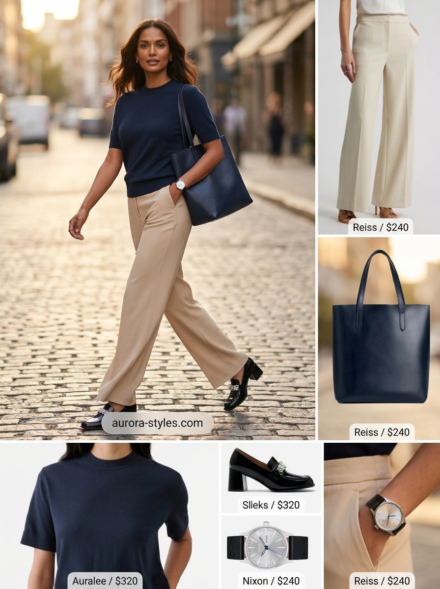 Beige wide-leg pants with navy sweater and loafers for summer clothes for women 2026 smart casual.
