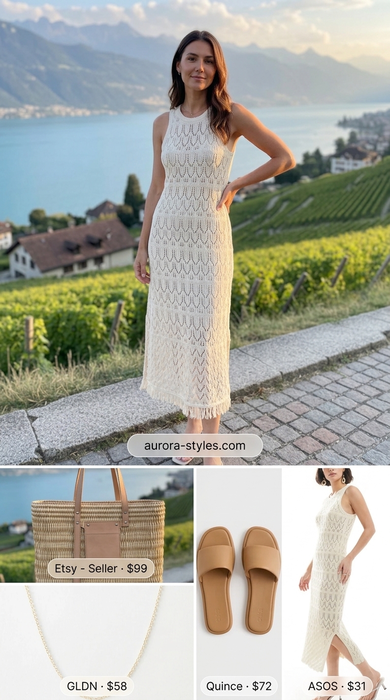 Cream crochet midi dress for beach days. Summer crochet outfits for women 2026. Effortless resort wear with tan sandals & straw tote.