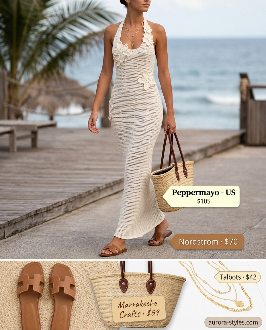 Coastal Breeze crochet maxi dress for women 2026, perfect for beach days and resort wear. Cream crochet, straw tote.