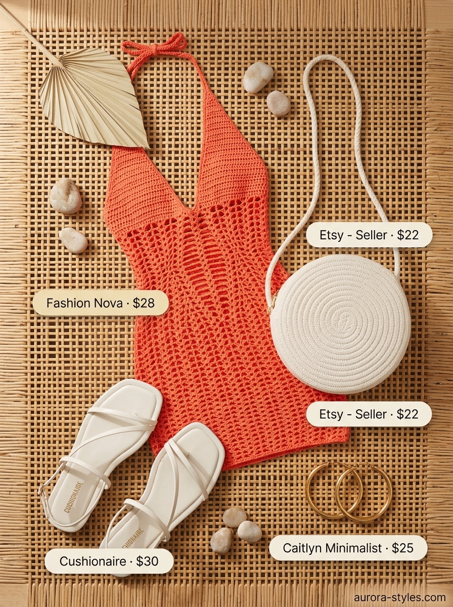 Coral crochet halter neck mini dress for parties. Summer crochet outfits for women 2026. Playful fun beach bar style.