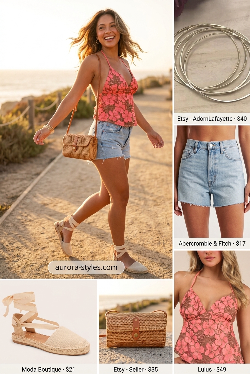 Coral crochet halter top for summer festivals. Summer crochet outfits for women 2026. Playful vibrant beach bonfire outfit.