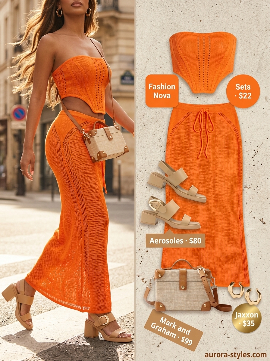 Summer Sunset crochet set for women 2026, chic for evening drinks and date nights. Terracotta crochet crop top and skirt.