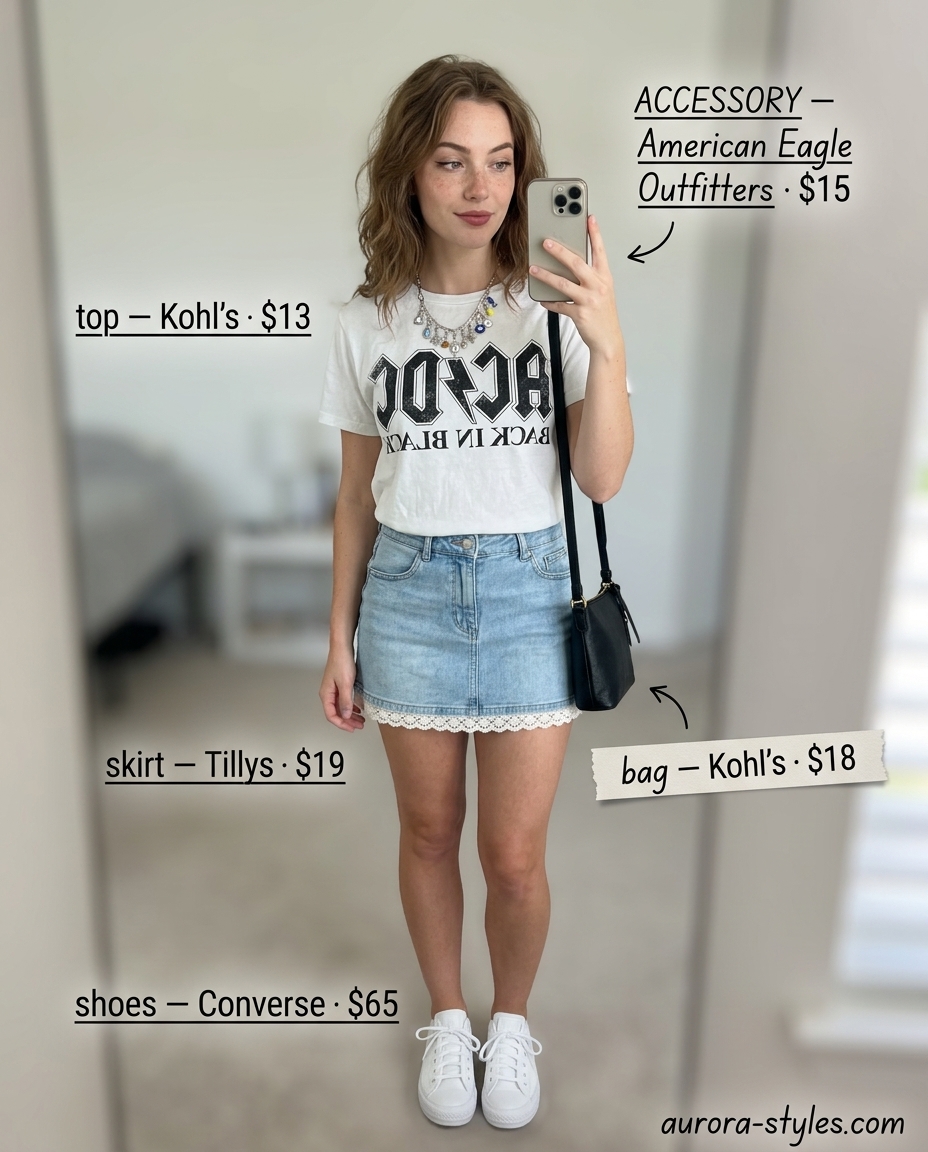Denim skirt with crochet trim for casual days. Summer crochet outfits for women 2026. Cool edgy errand running look.
