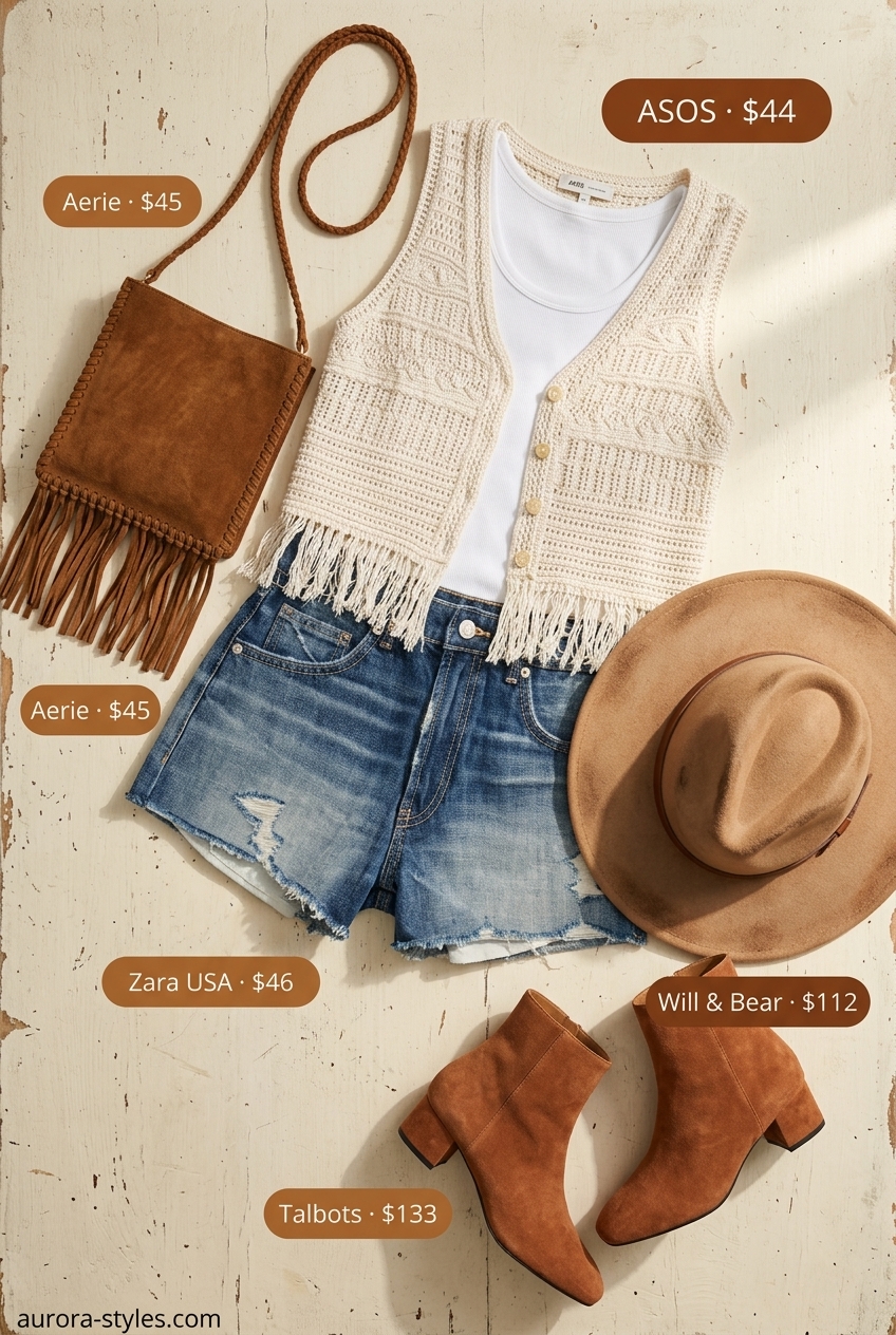 Festival boho crochet vest for women 2026, perfect for music festivals and casual summer days. Ecru crochet vest.