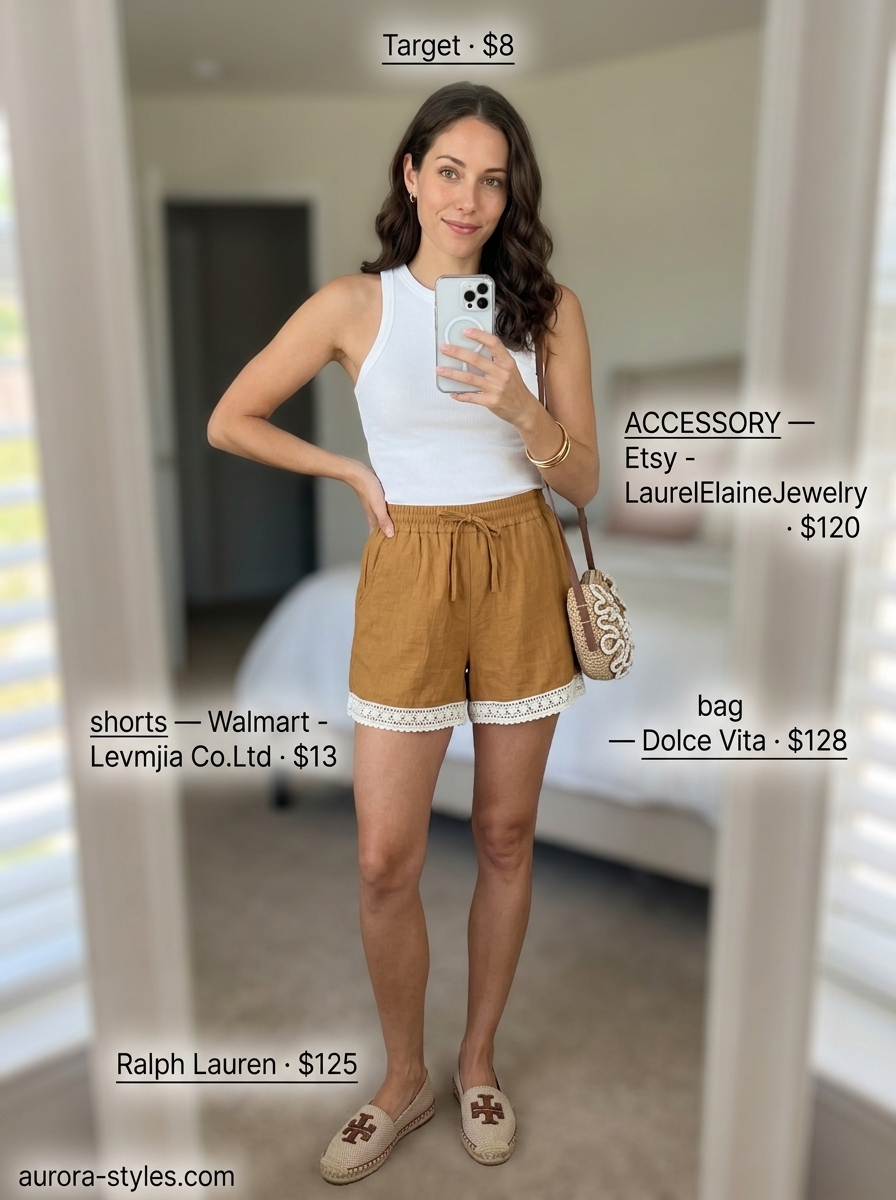 Linen shorts with crochet trim for casual strolls. Summer crochet outfits for women 2026. Relaxed chic beach town outfit.
