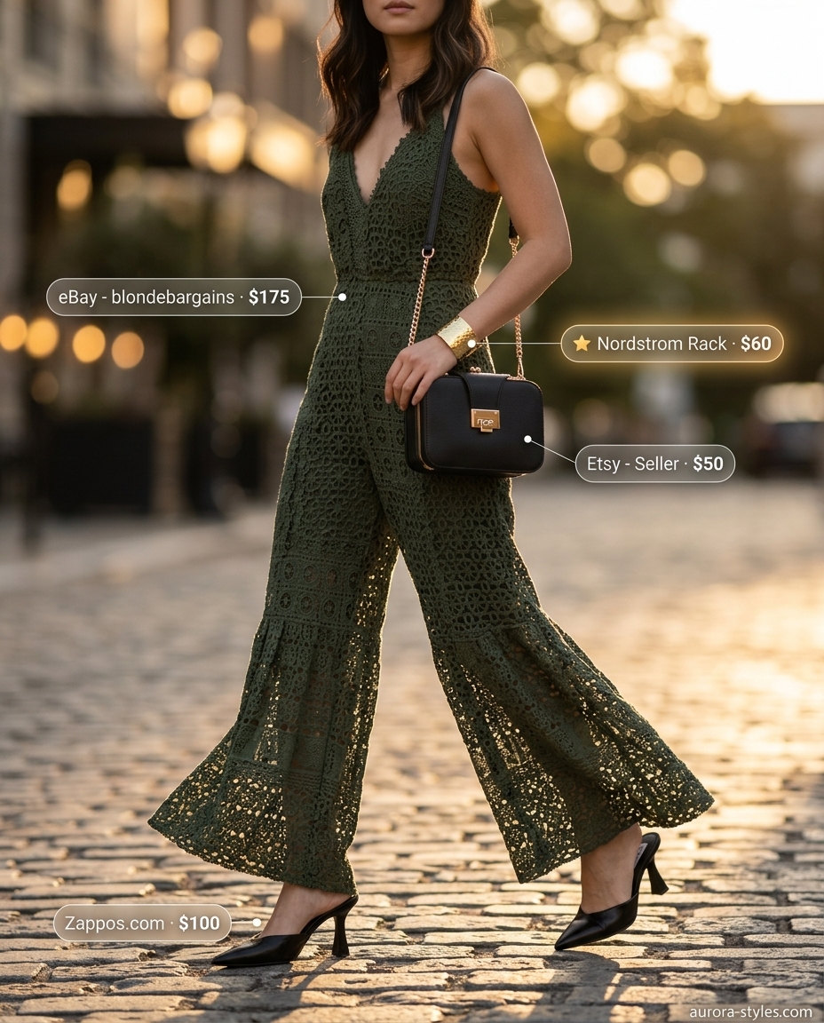 Modern crochet wide-leg jumpsuit for women 2026, chic for summer evening events and date nights. Olive green crochet.