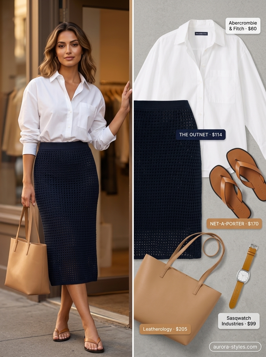 Navy blue crochet midi skirt for smart casual. Summer crochet outfits for women 2026. Chic modern office or lunch date look.