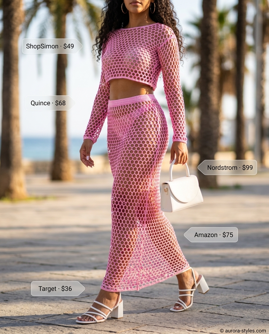 Chic crochet skirt set for women 2026, perfect for summer luncheons and daytime events. Coral pink crochet top and skirt.