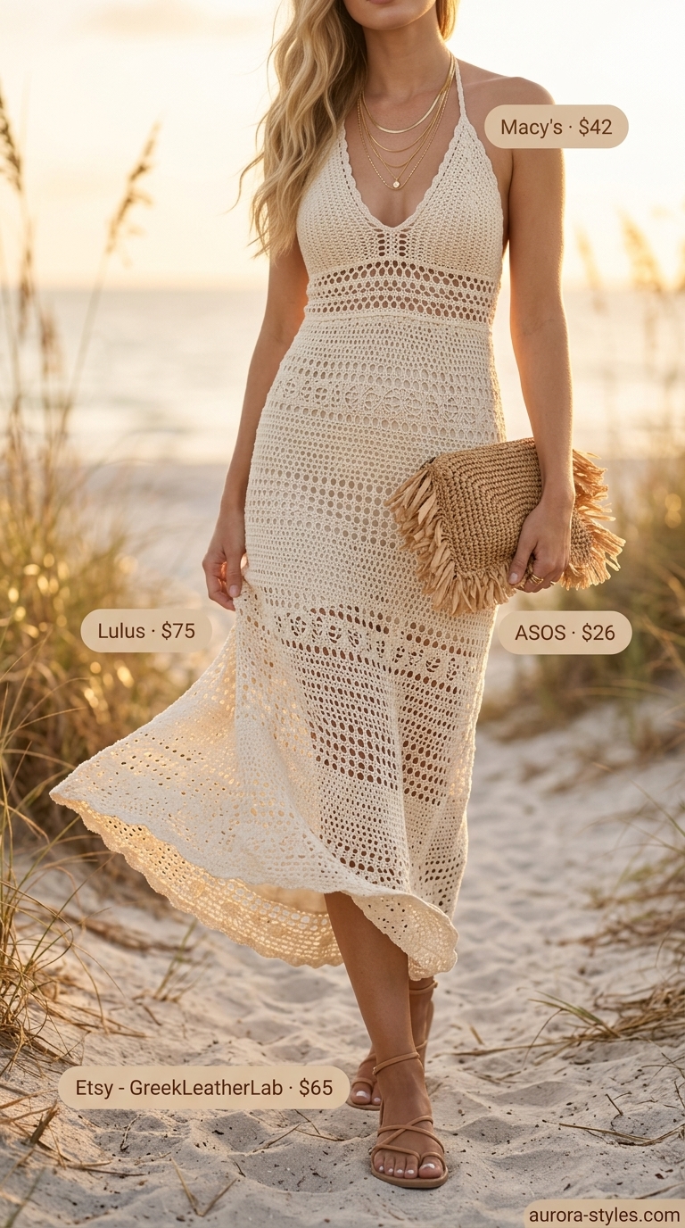 Sunset Serenade crochet maxi dress for women 2026, ideal for beachside dinners and summer evenings. Cream crochet, gold.